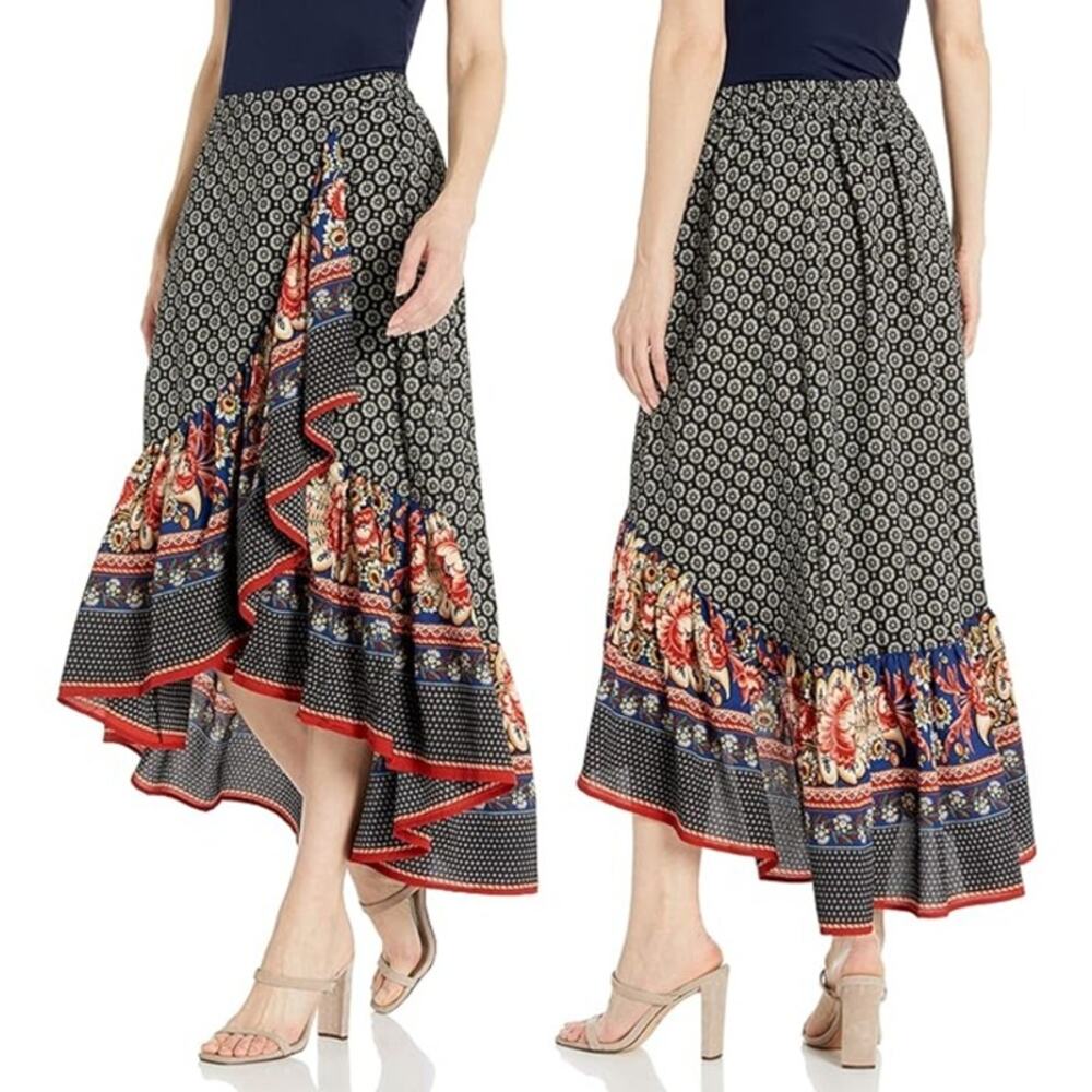 The Pyramid Collection Asymmetrical Hem Midi Skirt Floral Black Women's Size XL